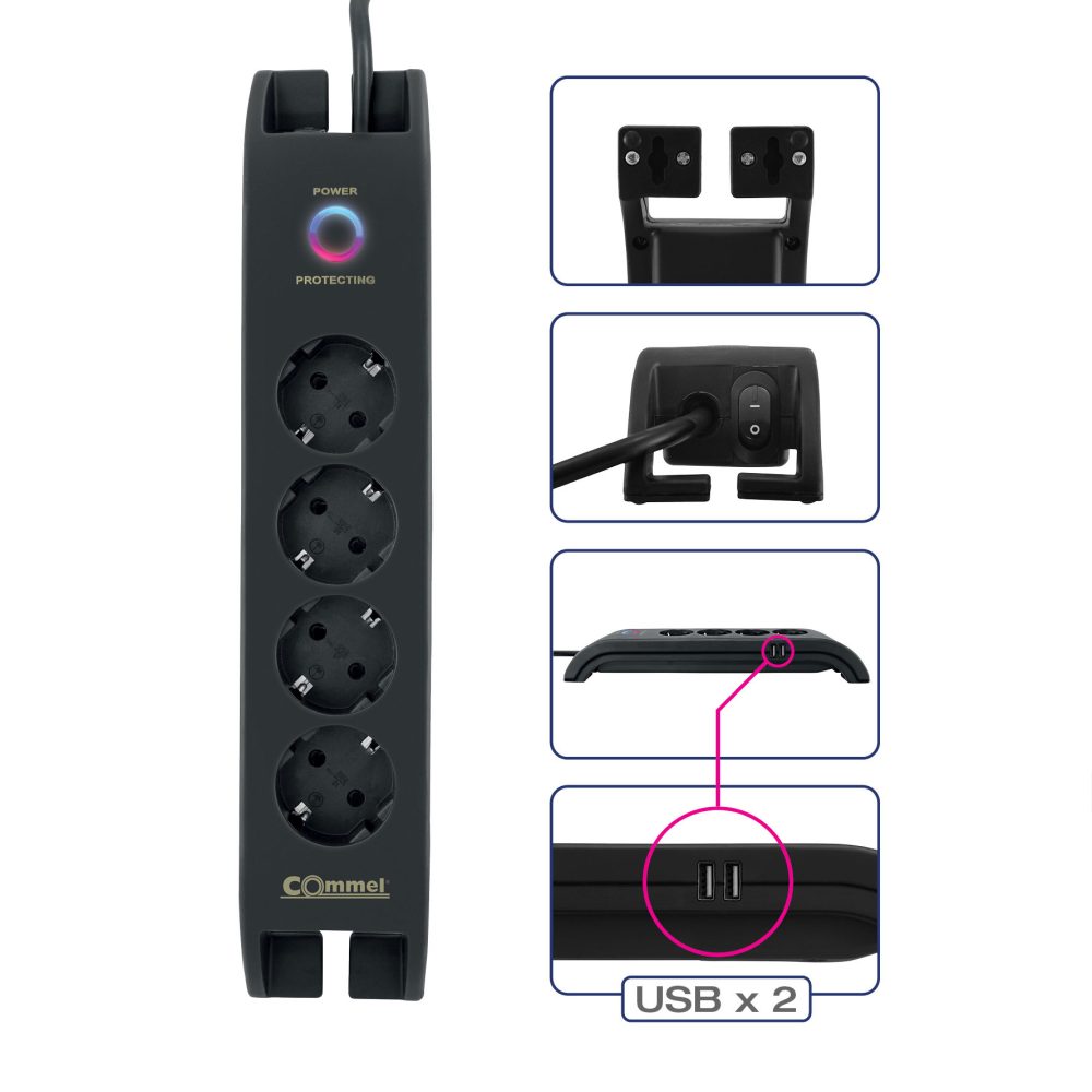COMMEL produžni kabel 2m 4x utičnica USB 16A sklopka crni 380-109 - Image 2