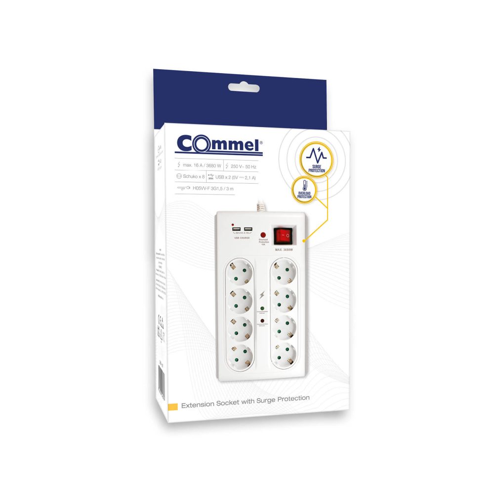 COMMEL produžni kabel 3m 8x utičnica USB 16A sklopka bijeli 380-107 - Image 3
