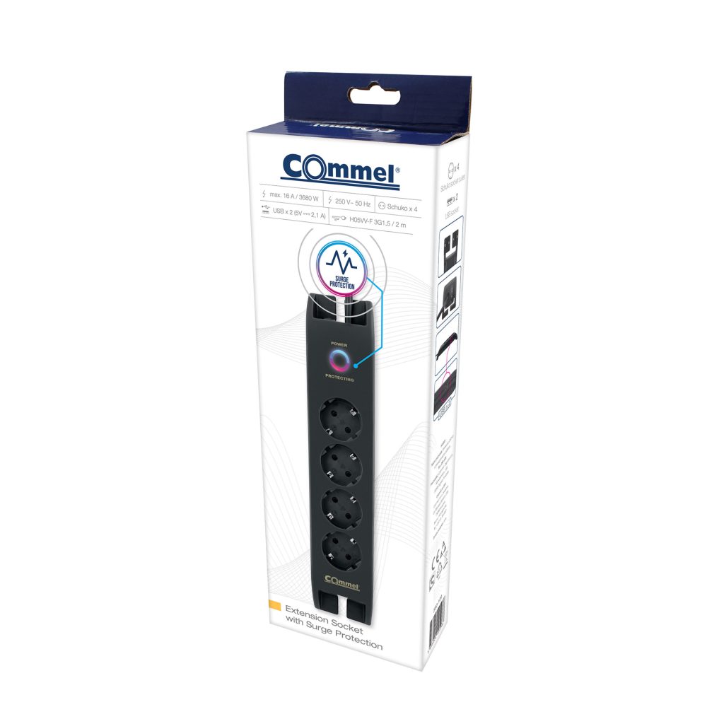 COMMEL produžni kabel 2m 4x utičnica USB 16A sklopka crni 380-109 - Image 3
