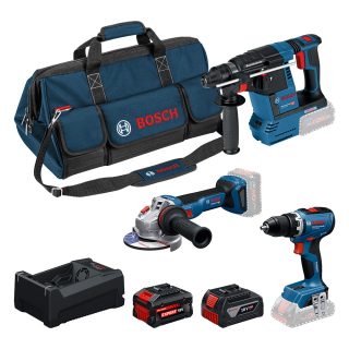 BOSCH aku set - aku bušilica GSR 18V-65 + aku bušaći čekić GBH 18V-26 + aku brusilica GWS 18V-11 2xAku 5,0Ah torba
