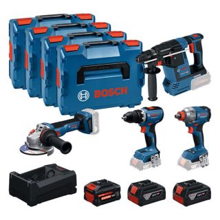 BOSCH aku set - aku bušilica GSR 18V-65 + aku stezač GDX 18V-285 + aku bušaći čekić GBH 18V-26 + aku brusilica GWS 18V-11 3xAku 5,0Ah 4xL-Boxx