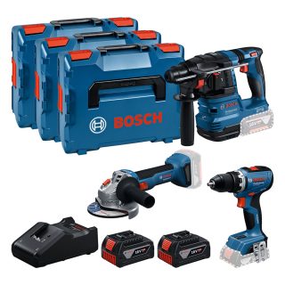 BOSCH aku set - aku bušilica GSR 18V-65 + aku bušaći čekić GBH 18V-22 + aku brusilica GWS 18V-8 2xAku 5,0Ah 3xL-Boxx