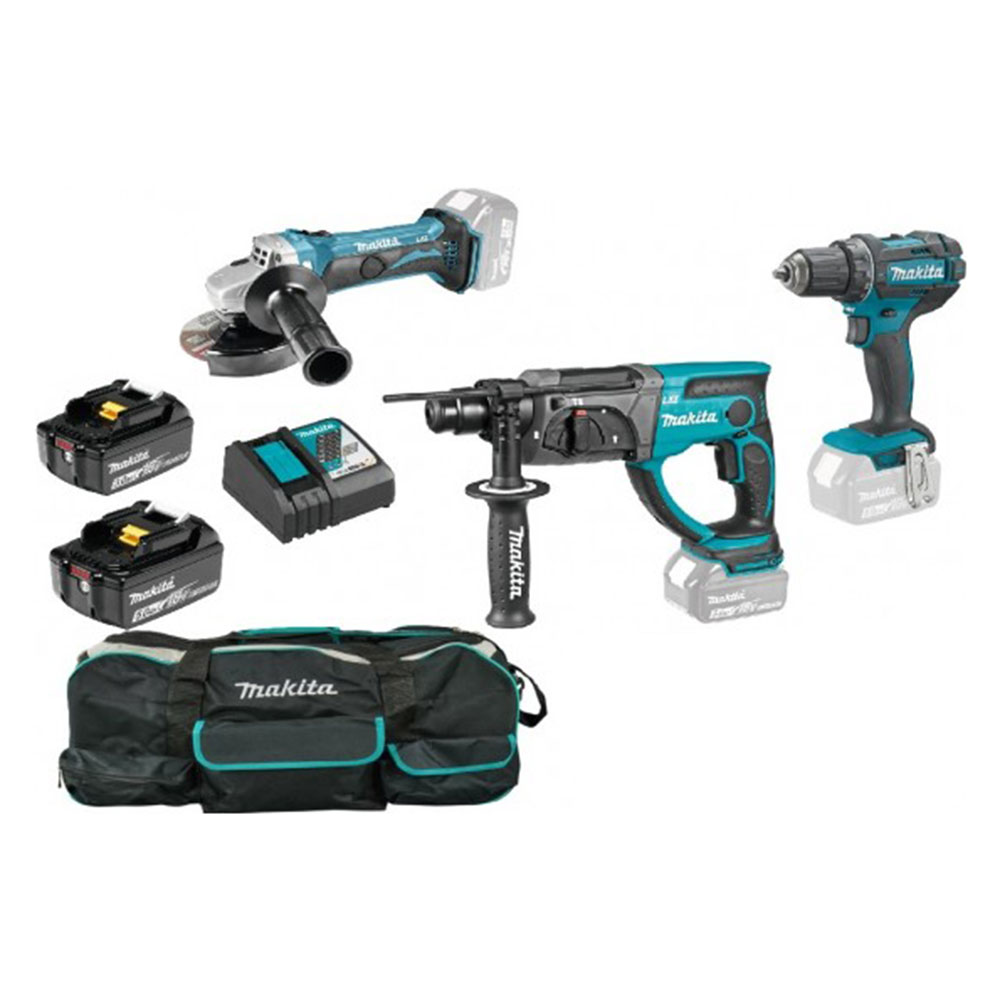 MAKITA aku set DLX3121T – DDF482Z + DGA452Z + DHR202Z 18V 3,0/5,0Ah DC18RC torba
