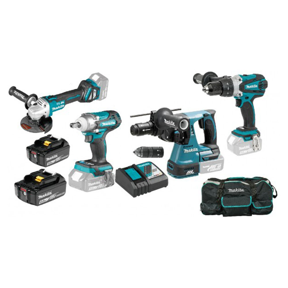 MAKITA aku set DLX3121S – DDF458Z + DGA513Z + DHR243Z + DTW301Z 18V 5,0/ 6,0Ah DC18RD torba