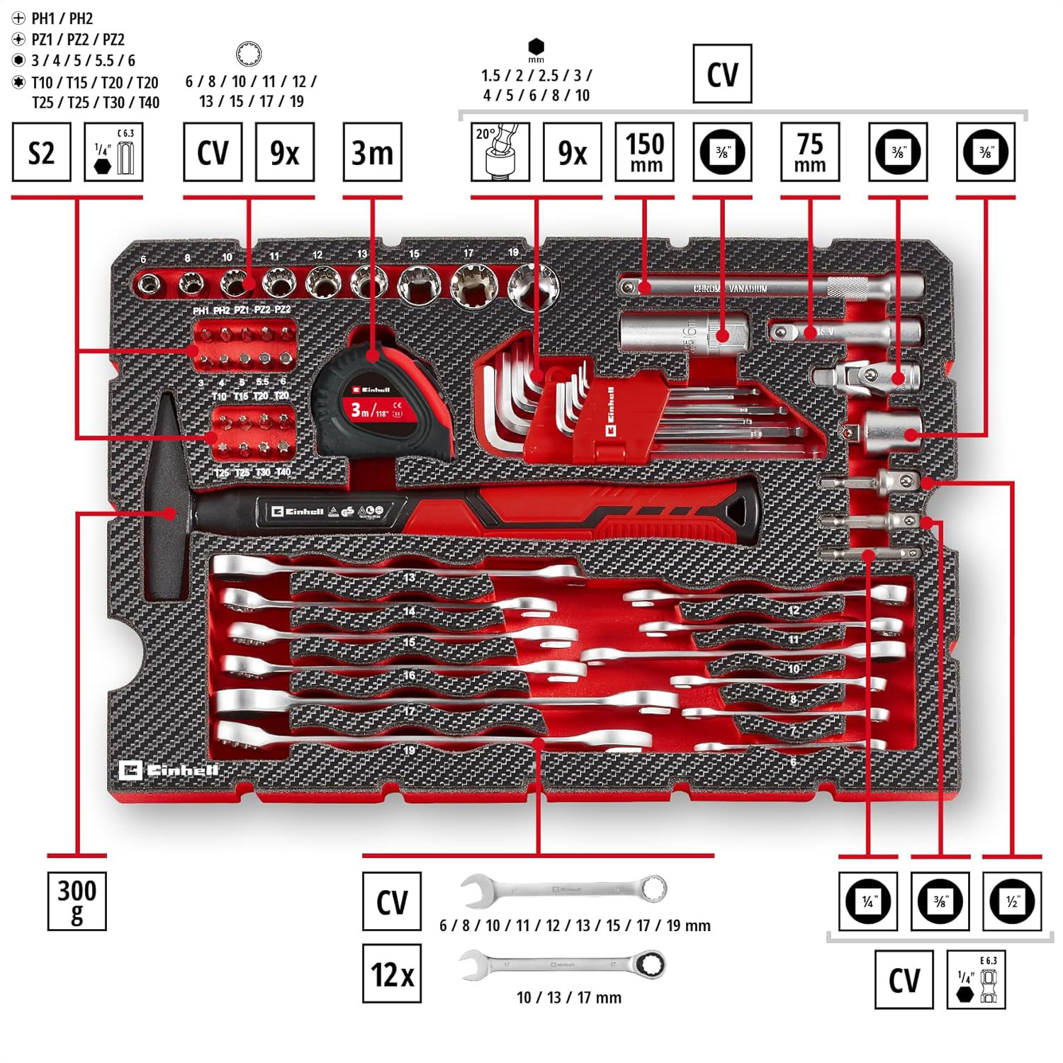 EINHELL set ručnog alata u E-Case S-F kovčegu 80-dijelni - Slika 2