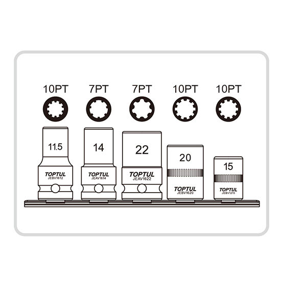 TOPTUL set nasadnih ključeva za kočnice 14-22 mm 1/2", 3/8" 5 dj. GAAG0503-TPL - Slika 2