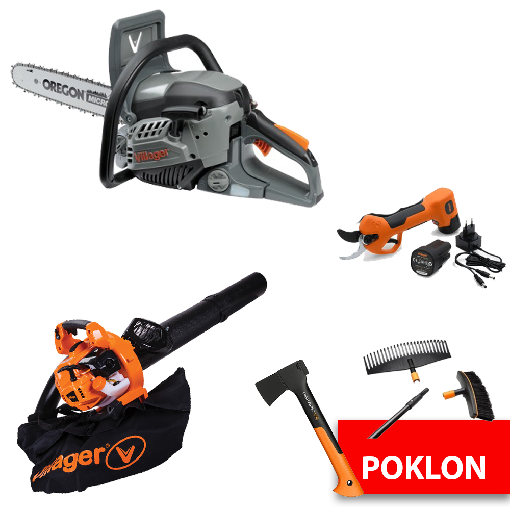 VILLAGER set alata - mot. pila VGS4125PE + puhač-usisavač VBV230E + aku škare VBP 30 + GRATIS Fiskars X7 sjekira + grablje i metla