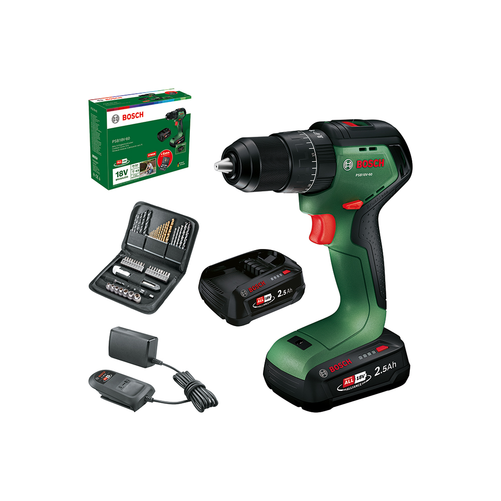 BOSCH aku udarna bušilica-odvijač PSB 18V-60 2xAku 18V 2,5Ah kovčeg + 51 dj. set pribora