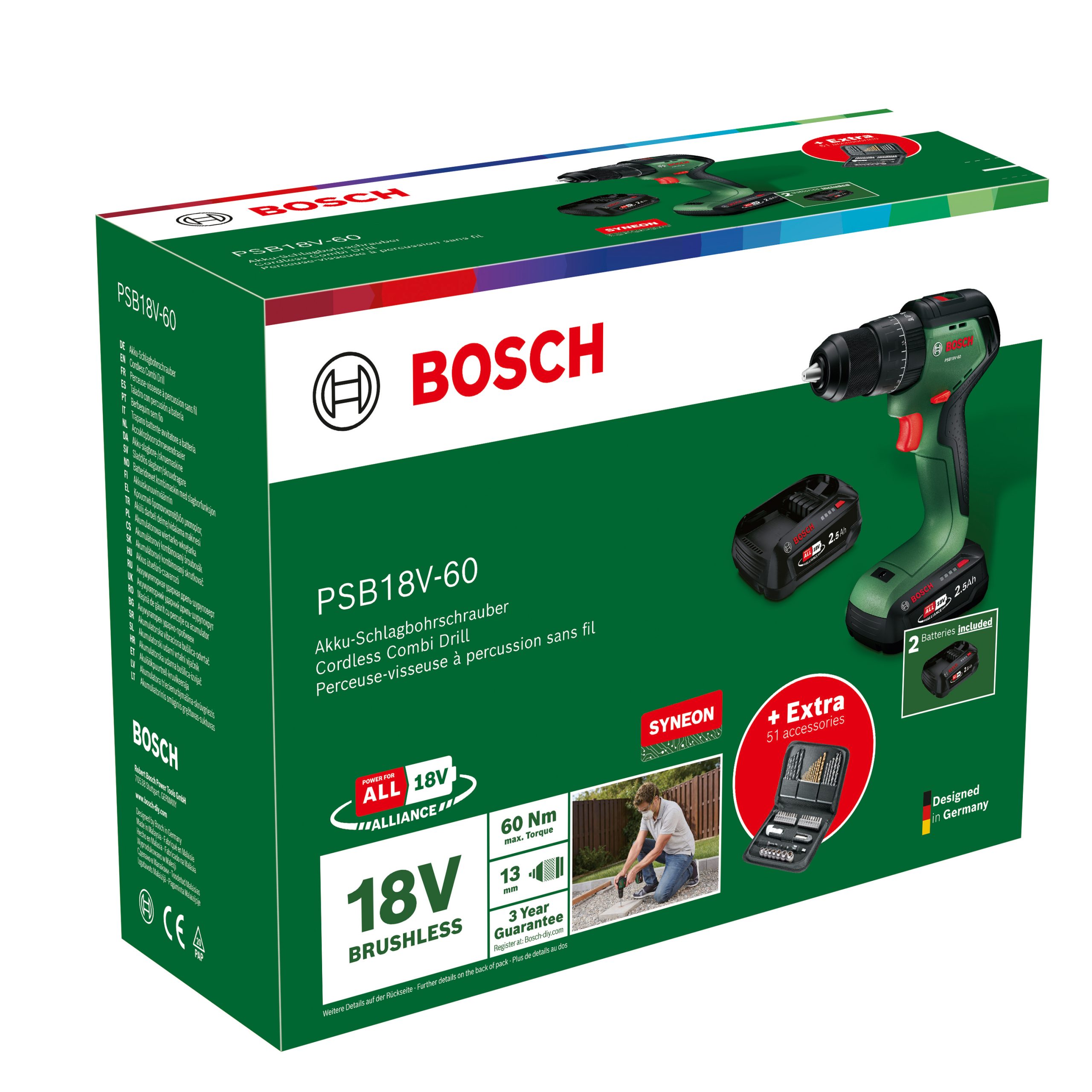 BOSCH aku udarna bušilica-odvijač PSB 18V-60 2xAku 18V 2,5Ah kovčeg + 51 dj. set pribora - Slika 2