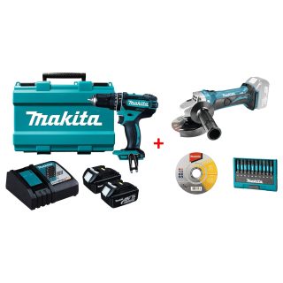 MAKITA aku set alata - udarna bušilica DHP482RFE + brusilica DGA452Z 2xAku 18V 3,0Ah + pribor