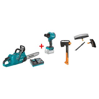 MAKITA aku set alata - pila UC015GT101 + puhalo AS001GZ + 40V 5,0Ah + Fiskars X7 sjekira